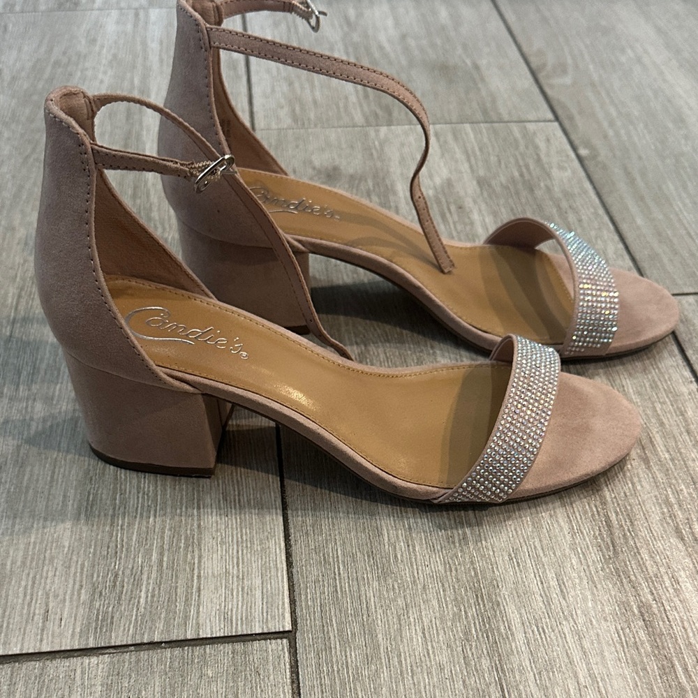 Candie's Blush Block Heel Sandals with Rhinestone Strap